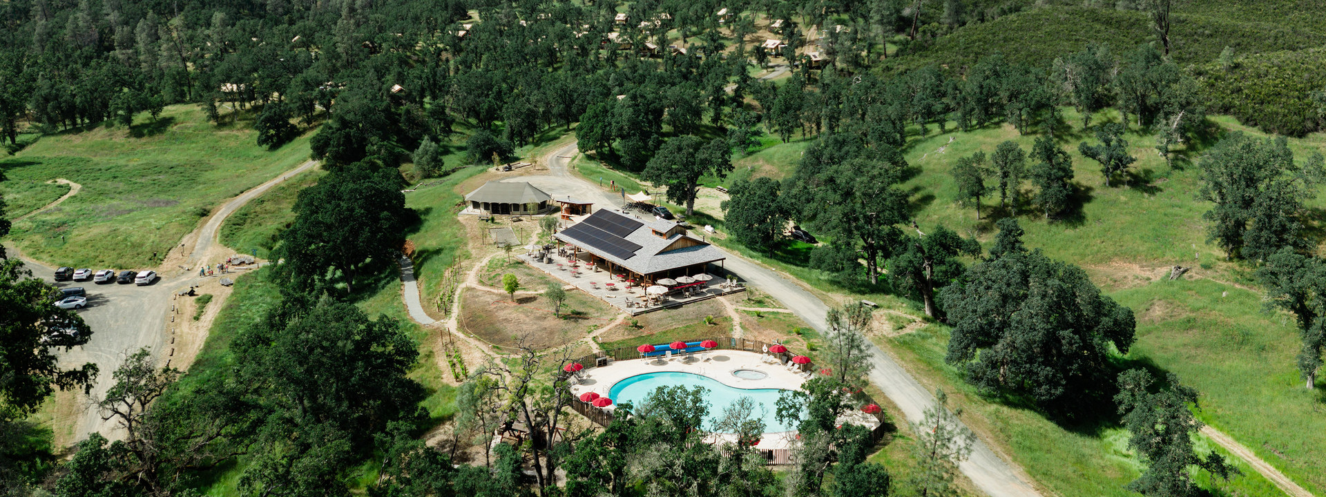 Vue aérienne piscine et vignes
